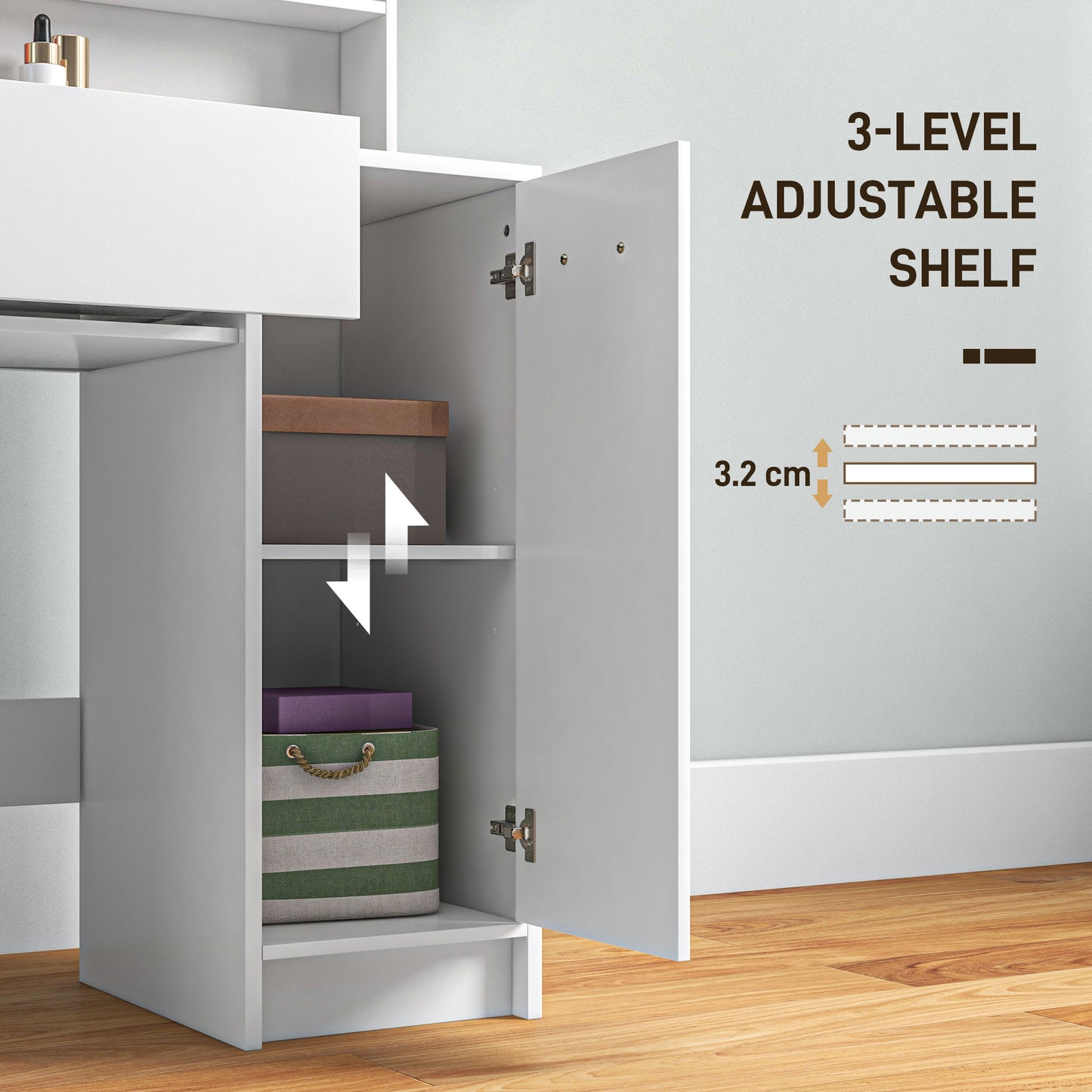 Dressing Table with Mirror and Stool, Vanity Table, Modern Makeup Desk with Drawer, Storage Cabinet and Adjustable Shelf for Bedroom, White