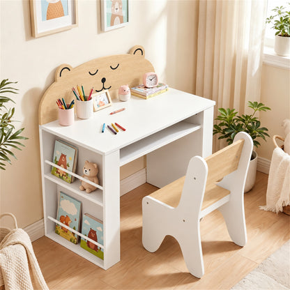 AIYAPLAY Kids Desk & Chair Set | White & Wood-Grain Bear Design | 80cm Tabletop, Side Bookshelves & Open Storage | Ages 3–8