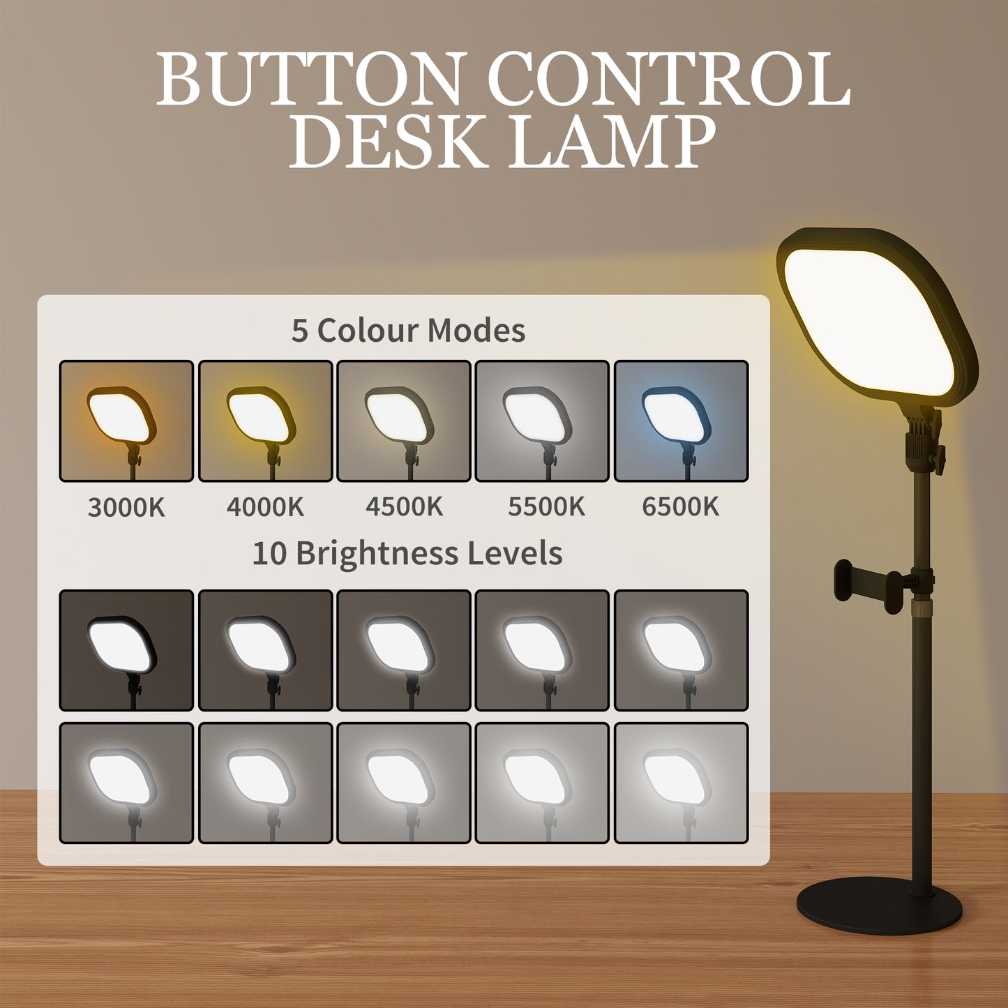 Selfie Light for Video Conference Lighting, Dimmable Desk Lamp with Stand Phone Holder, 5 Colour Modes & 10 Brightness Levels, Memory Function  Recording, Video Calls