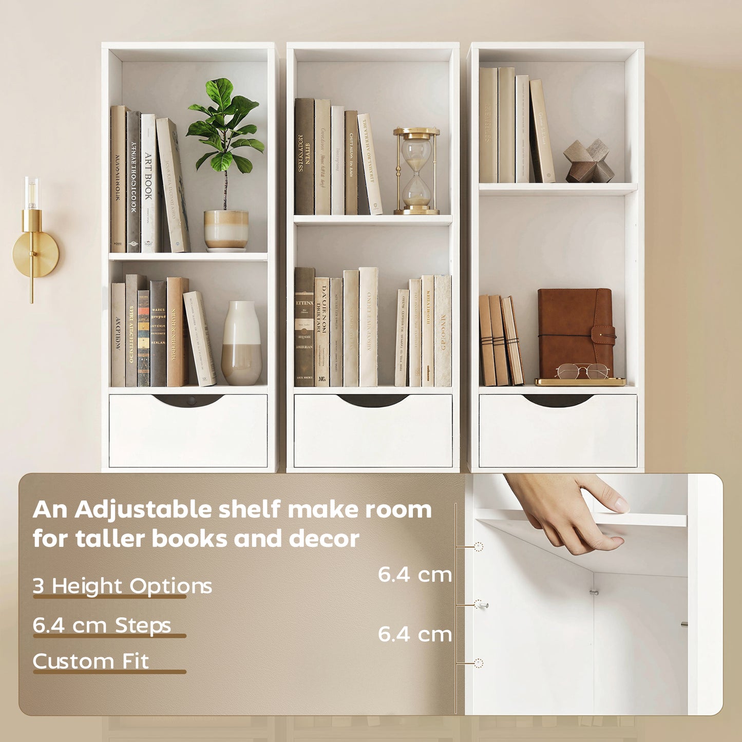 Bookcase with Drawers Adjustable Shelf Bookshelf with 2 Drawers and Cabinet 158cm, White / Grey