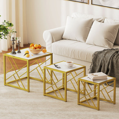 Nesting Coffee Tables, Set of 3 Square Side Tables with Black Metal Frame, for Living Room, Bedroom and Office, White