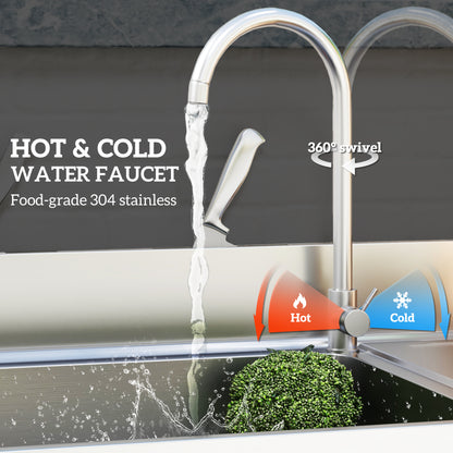 Outdoor Stainless Steel Kitchen Sink, Freestanding Single Bowl with Cold and Hot Water Pipe