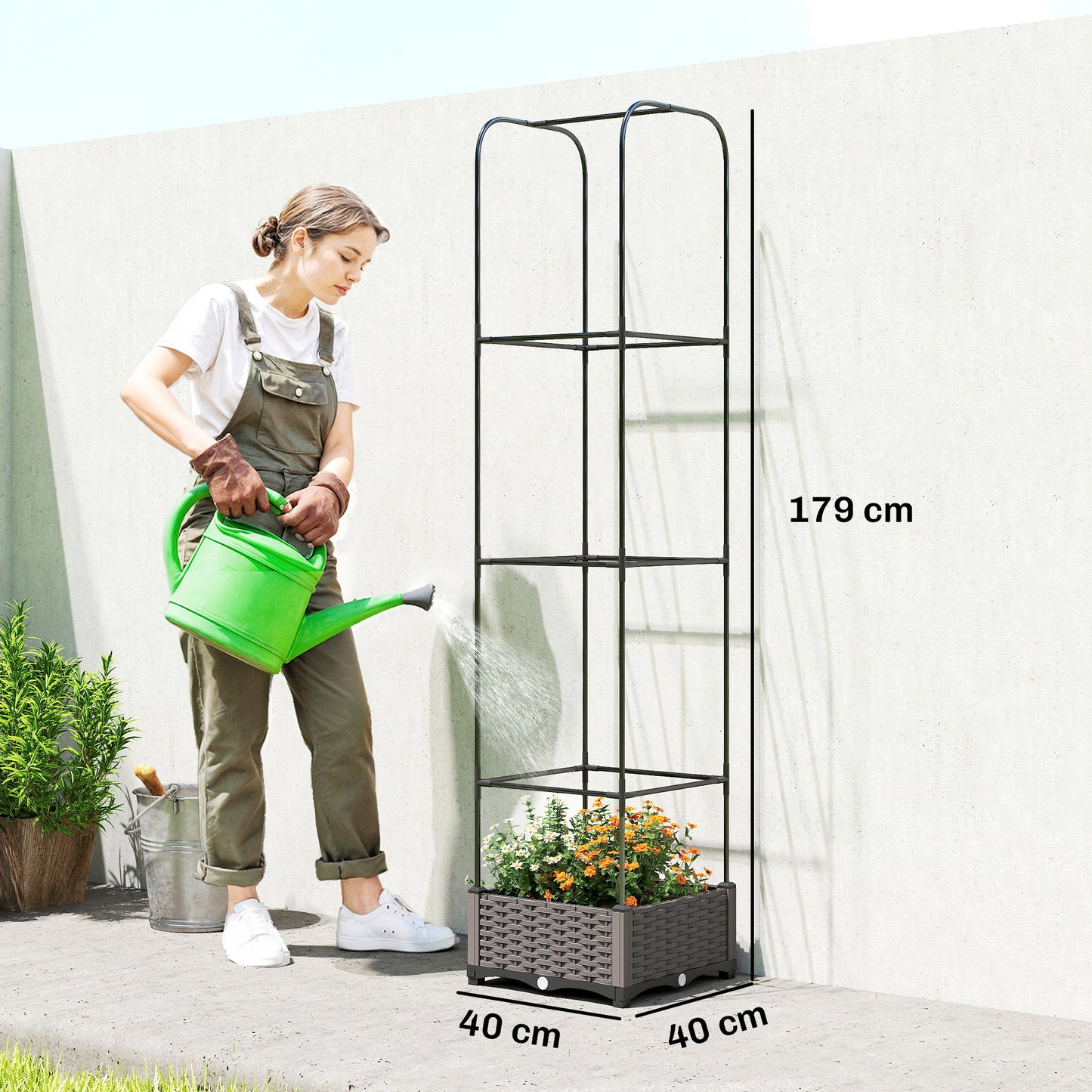 Raised Garden Bed with Trellis | PE-Coated Steel | Drainage Holes & Drain Plugs | Water Reservoir | 35x35x19cm Planting Area | 12kg Capacity | Patio Balcony & Yard | Black