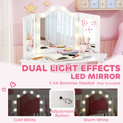 AIYAPLAY Kids Dressing Table and Stool Set, Girls Vanity Table with 2-Colour LED Lights, Tri-Folding Mirror, White