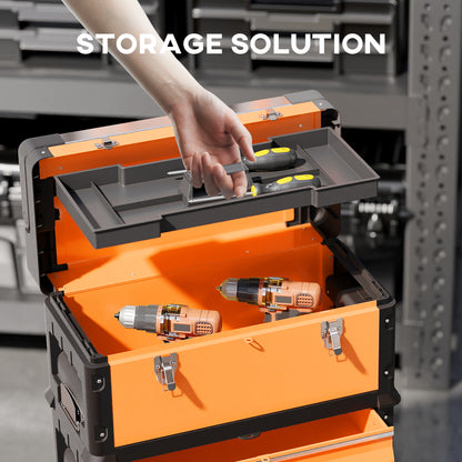 3-in-1 Stackable Three Tier Rolling Tool Storage Box On Wheels - Orange