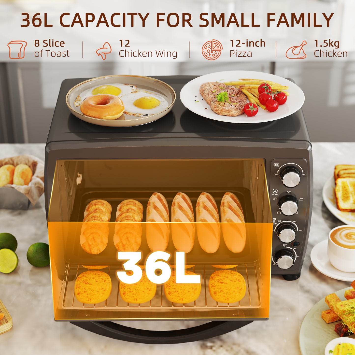 36L Small Oven with 2 Hot Plates, Countertop Toaster Oven, Grill, Roast, Bake, Boil, W/ Timer, Adjustable Temperature, Electric Oven W/ Grill Rack