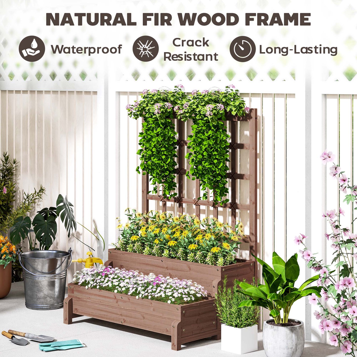2-Tier Raised Bed with Trellis, Wooden Elevated Planter Box, Outdoor Raised Planter for Climbing Plants, Fruits, Vegetables, Flowers, Brown