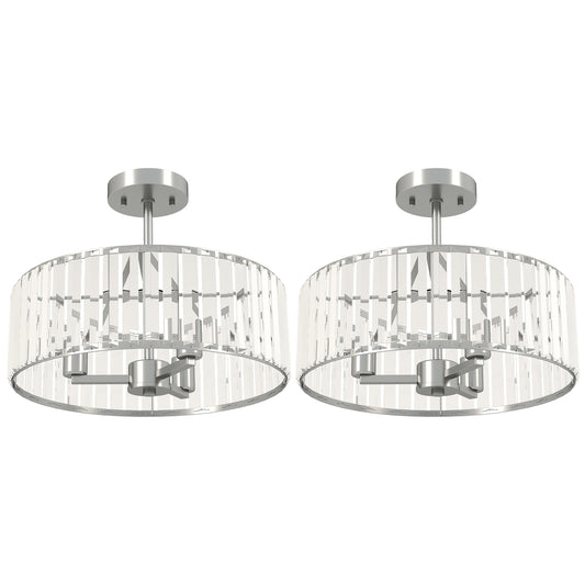 Set of 2 Crystal Ceiling Lights | Semi Flush Mount | 3-Light E14 | Modern Chandelier Style | Metal Frame | Clear Crystal Shade | Φ39x32cm | 40W AC220-240V | Silver Tone