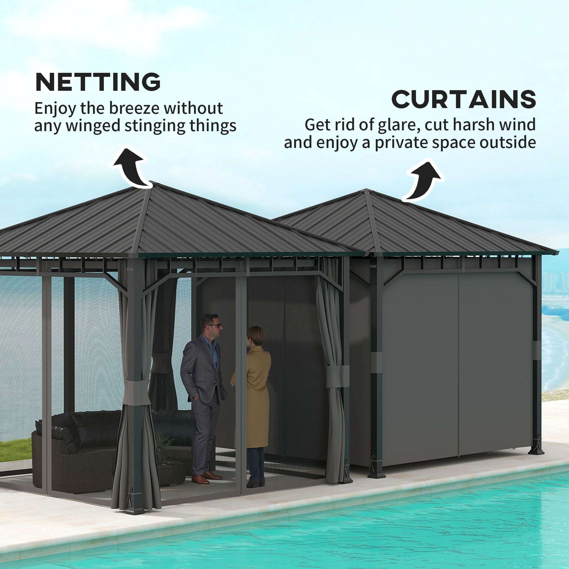 3 x 3(m) Hardtop Gazebo with Galvanised Steel Roof and Water Gutter, Waterproof Permanent Pavilion Garden Gazebo with Netting, Curtains
