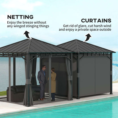 3 x 3(m) Hardtop Gazebo with Galvanised Steel Roof and Water Gutter, Waterproof Permanent Pavilion Garden Gazebo with Netting, Curtains