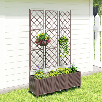 Self-Watering Raised Planter with Trellis | 8 Wheels 4 Lockable | Built-In Reservoir | Drainage Holes & Plugs | PP Fade Resistant | 20kg Capacity | 120x40x192cm | Brown