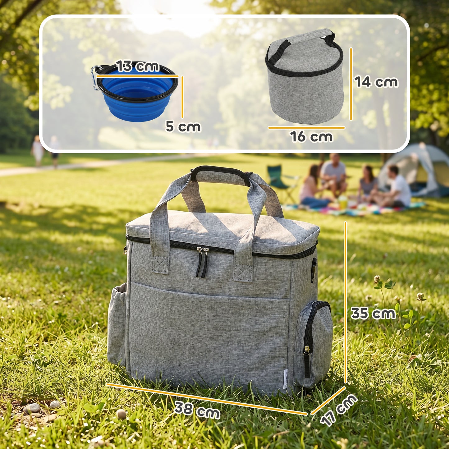 Pet Travel Bag | 2 Insulated Food Containers | Collapsible Bowl | Multiple Pockets | Waterproof 300D Fabric | Adjustable Shoulder Strap | Dogs & Cats | 38 x 17 x 35cm | Light Grey