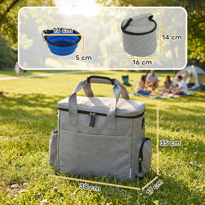 Pet Travel Bag | 2 Insulated Food Containers | Collapsible Bowl | Multiple Pockets | Waterproof 300D Fabric | Adjustable Shoulder Strap | Dogs & Cats | 38 x 17 x 35cm | Light Grey