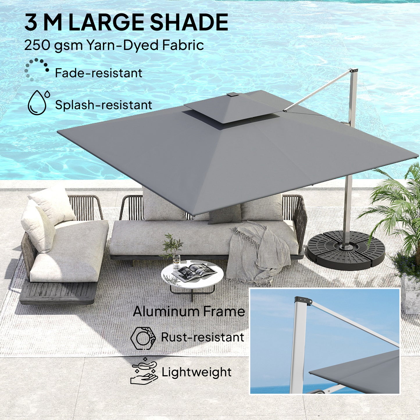 Outsunny 3(m) Garden Cantilever Parasol with Solar LED Lights, Cross Base, 360° Rotation, Crank Handle and Tilt, Grey