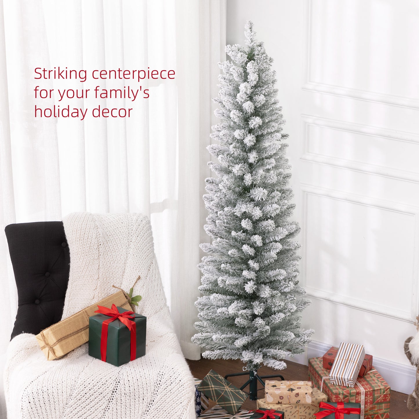 5ft Artificial Pencil Christmas Tree with 263 Snow Flocked Tips, Metal Base