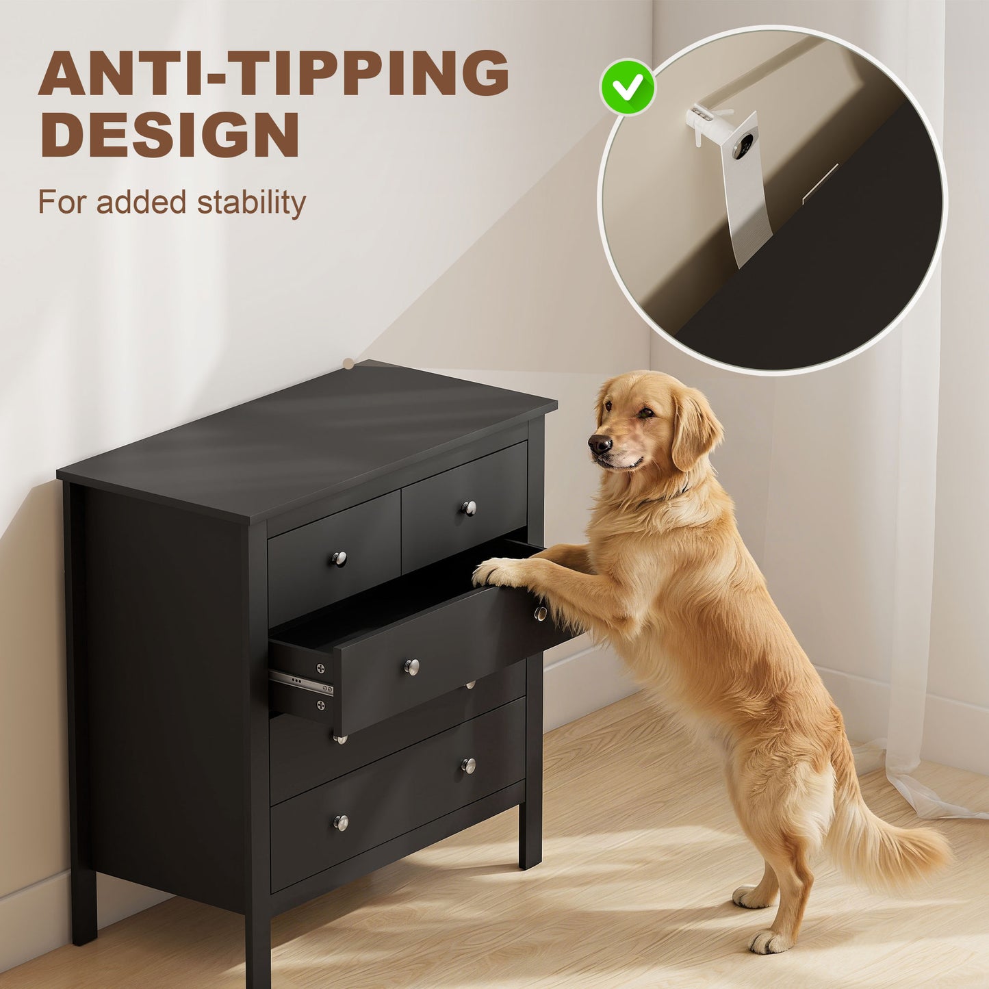 5-Drawer Chest of Drawers | 2 Small & 3 Large Drawers | Round Metal Knobs | Anti-Tip Straps | 70kg | Black