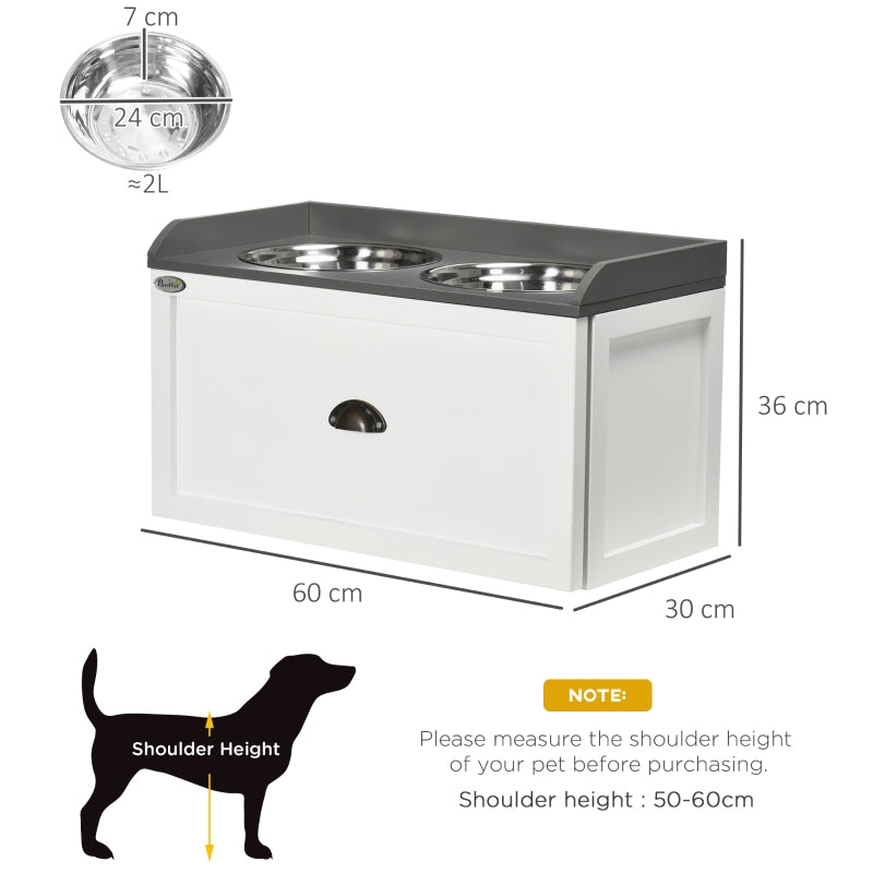 PawHut Stainless Steel Raised Dog Bowls, with 21L Storage Drawer for Large Dogs - Grey / White
