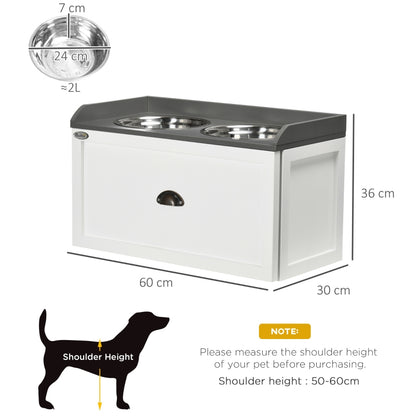 PawHut Stainless Steel Raised Dog Bowls, with 21L Storage Drawer for Large Dogs - Grey / White