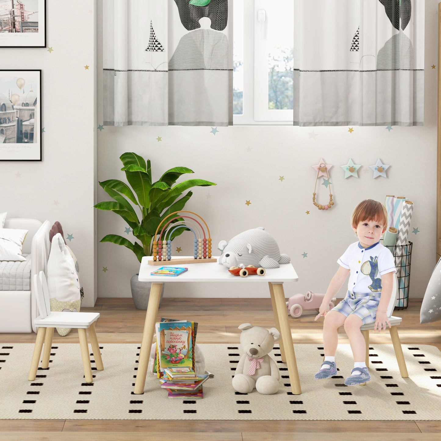 AIYAPLAY 3 Piece Toddler Table and Chair Set, Kids Desk and 2 Chairs Set w/ Bunny Ear Backrest, for Nursery, Playroom