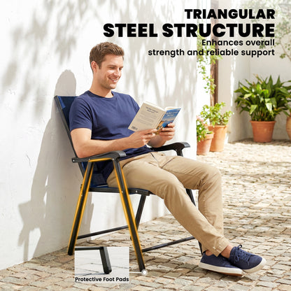 Set of 4 Folding Garden Dining Chairs | 60cm High Back | Curved Armrests | Texteline Fabric | 120kg | No Assembly | Navy Blue