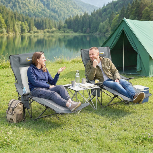 Reclining Camping Chair | Set of 2 | 4-Position Backrest | Detachable Footrest | Cup Holder | Breathable Mesh | 120kg | Grey
