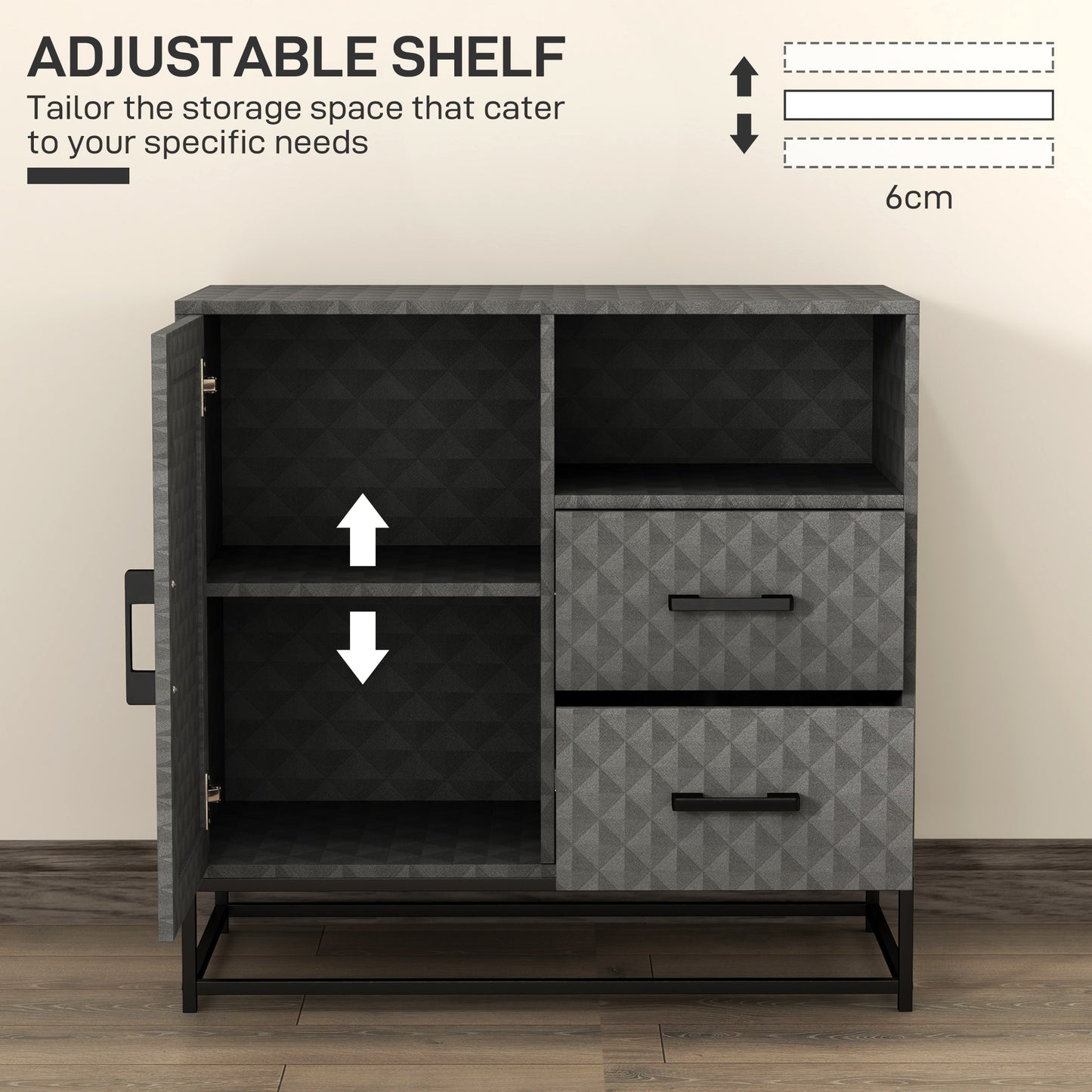 Sideboard with Adjustable Shelf, Freestanding Sideboard Storage Cabinet with Open Compartment and 2 Drawers, Grey