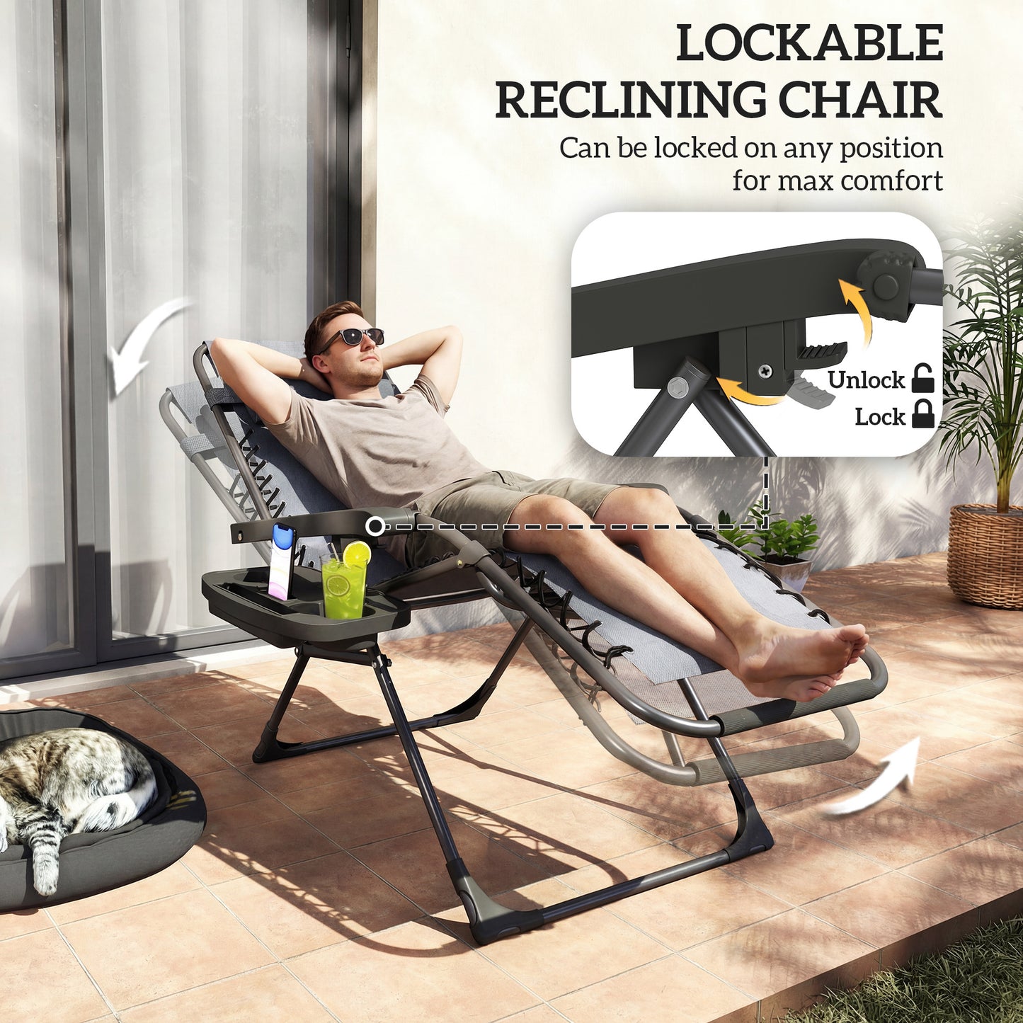 Set of 2 Zero Gravity Folding Sun Loungers | Reclining | Headrest & Tray | Dark Grey