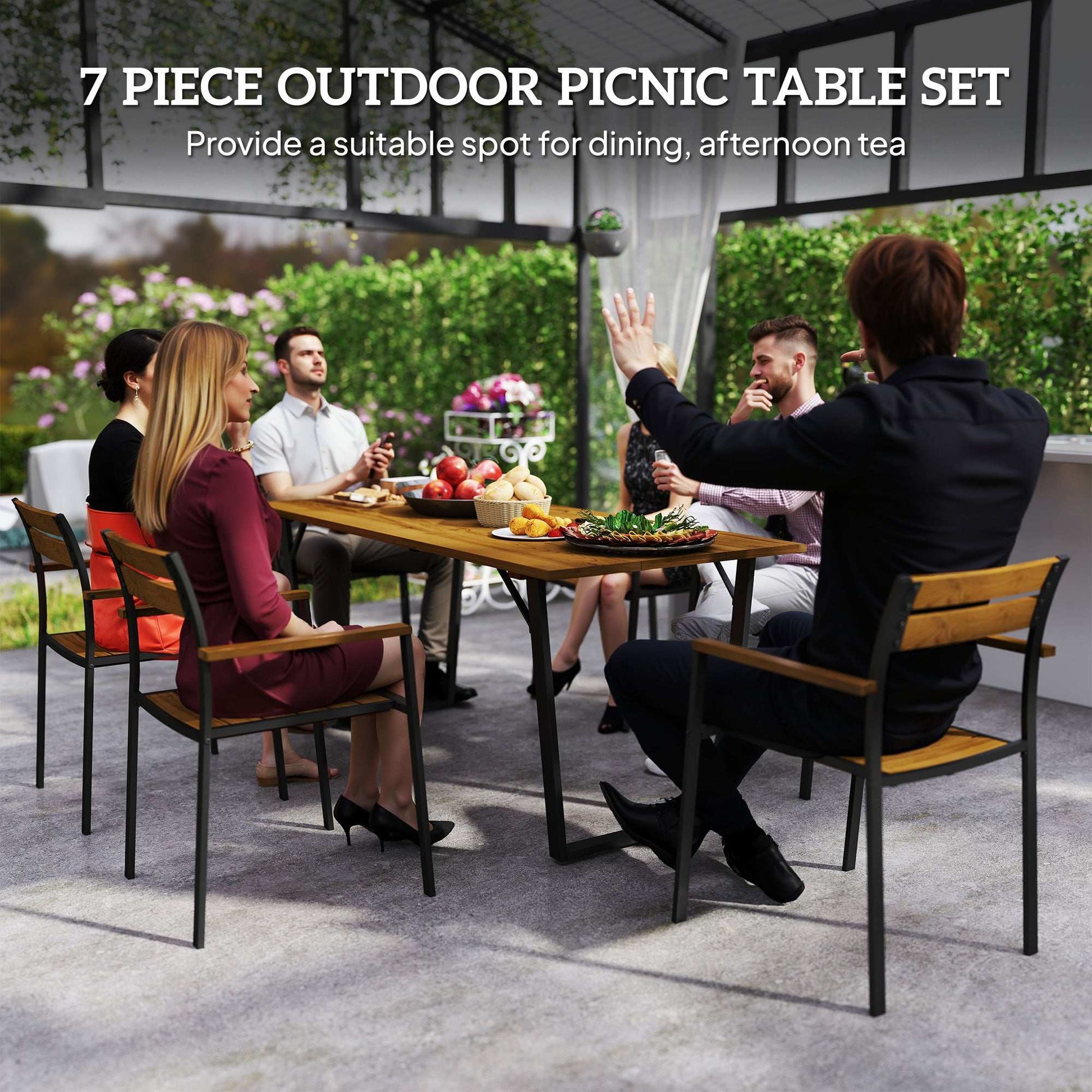 7 Piece Garden Dining Set, Fir Wood Garden Furniture Set with Rectangle Table and 6 Stackable Chairs, Umbrella Hole, Slatted Top - Brown