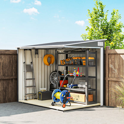 Galvanised Steel Lean-To Garden Storage Shed | Sliding Door | 2 Hooks & 2 Adjustable Shelves | 2 Vents | Floor Foundation Included | 40kg/m² Snow Rating | 154x206.5x181cm | 2.81m² | Light Grey Wood Effect