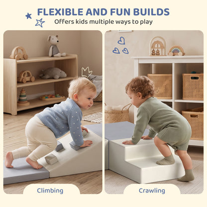 AIYAPLAY 4-Piece Toddler Soft Play Climbing Set | Foam Ramp, Steps & Blocks | Wipe-Clean PU | Light Grey & Beige | Ages 1–3