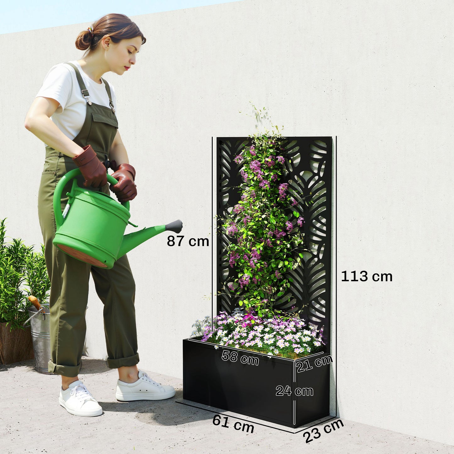 Metal Raised Planter with Monstera Leaf Trellis & Privacy Screen | Wall Mounted or Freestanding | 29L Soil | 50kg | Powder-Coated | 61x23x113cm | Climbing Plants | Black