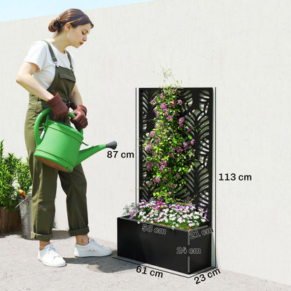 Metal Raised Planter with Monstera Leaf Trellis & Privacy Screen | Wall Mounted or Freestanding | 29L Soil | 50kg | Powder-Coated | 61x23x113cm | Climbing Plants | Black