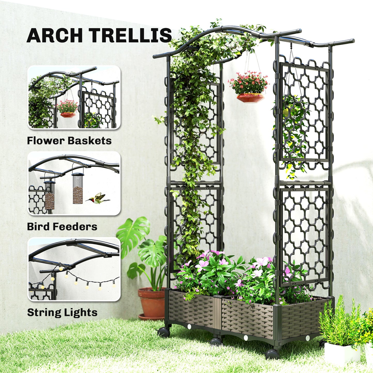 Raised Garden Bed on Wheels with Arch & Side Trellis | 2 Planter Boxes 48L Total | PE-Coated Steel | 8 Drainage Holes | 6 Wheels | 10kg per Box | 102x40x155cm | Black