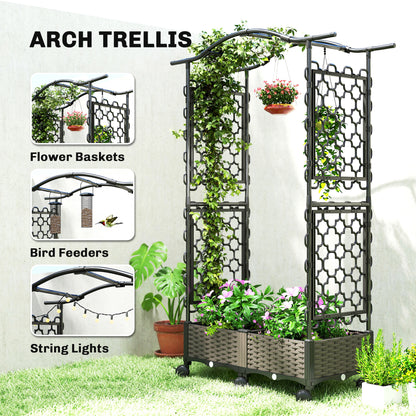 Raised Garden Bed on Wheels with Arch & Side Trellis | 2 Planter Boxes 48L Total | PE-Coated Steel | 8 Drainage Holes | 6 Wheels | 10kg per Box | 102x40x155cm | Black
