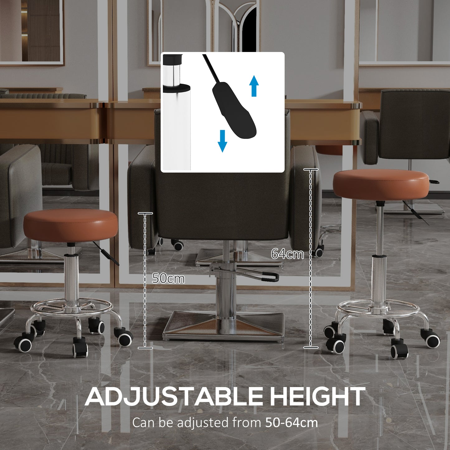 PU Leather Rolling Salon Stool | Height Adjustable 50-64cm | Dia 42cm | Thick Foam Seat | Footrest | 5 Wheels | Backless | 110kg | Brown