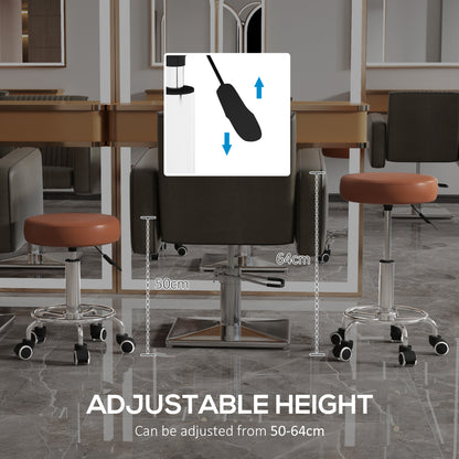 PU Leather Rolling Salon Stool | Height Adjustable 50-64cm | Dia 42cm | Thick Foam Seat | Footrest | 5 Wheels | Backless | 110kg | Brown