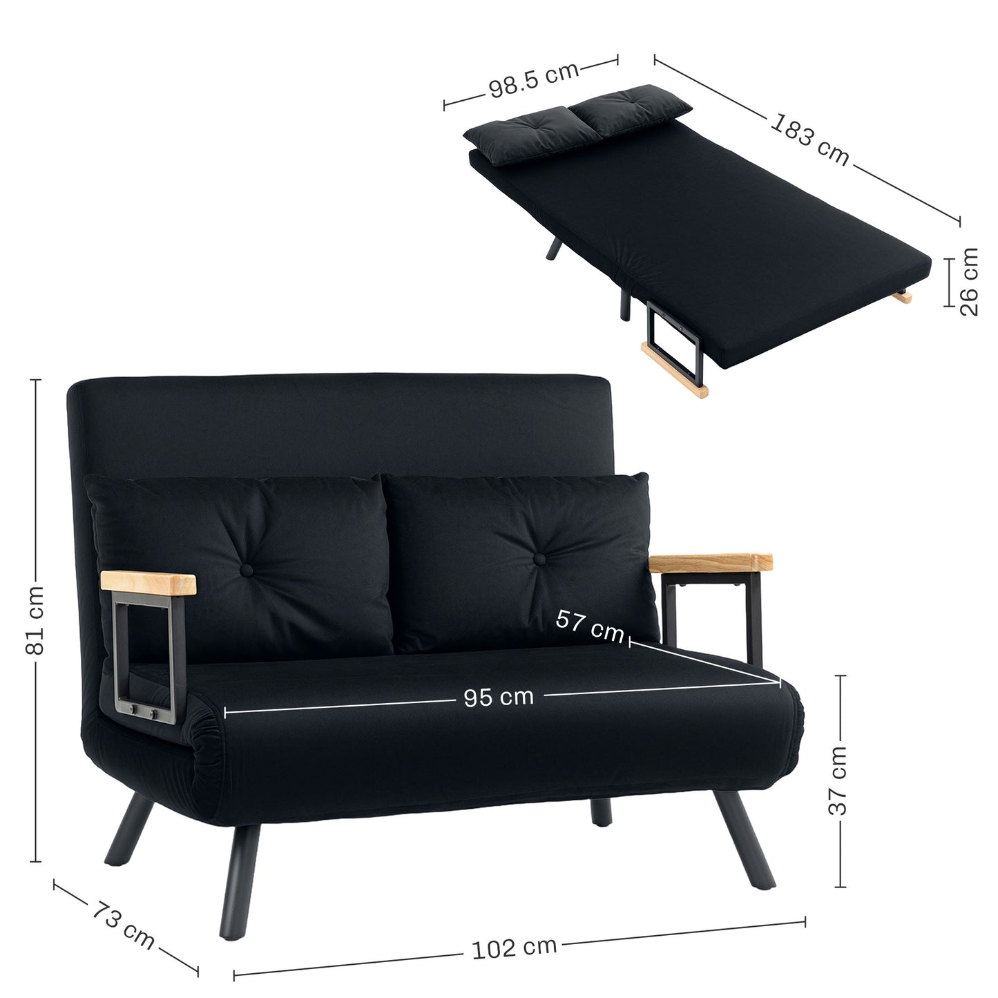 4-in-1 Velvet-Feel Double Sofa Bed, with Pillows - Black