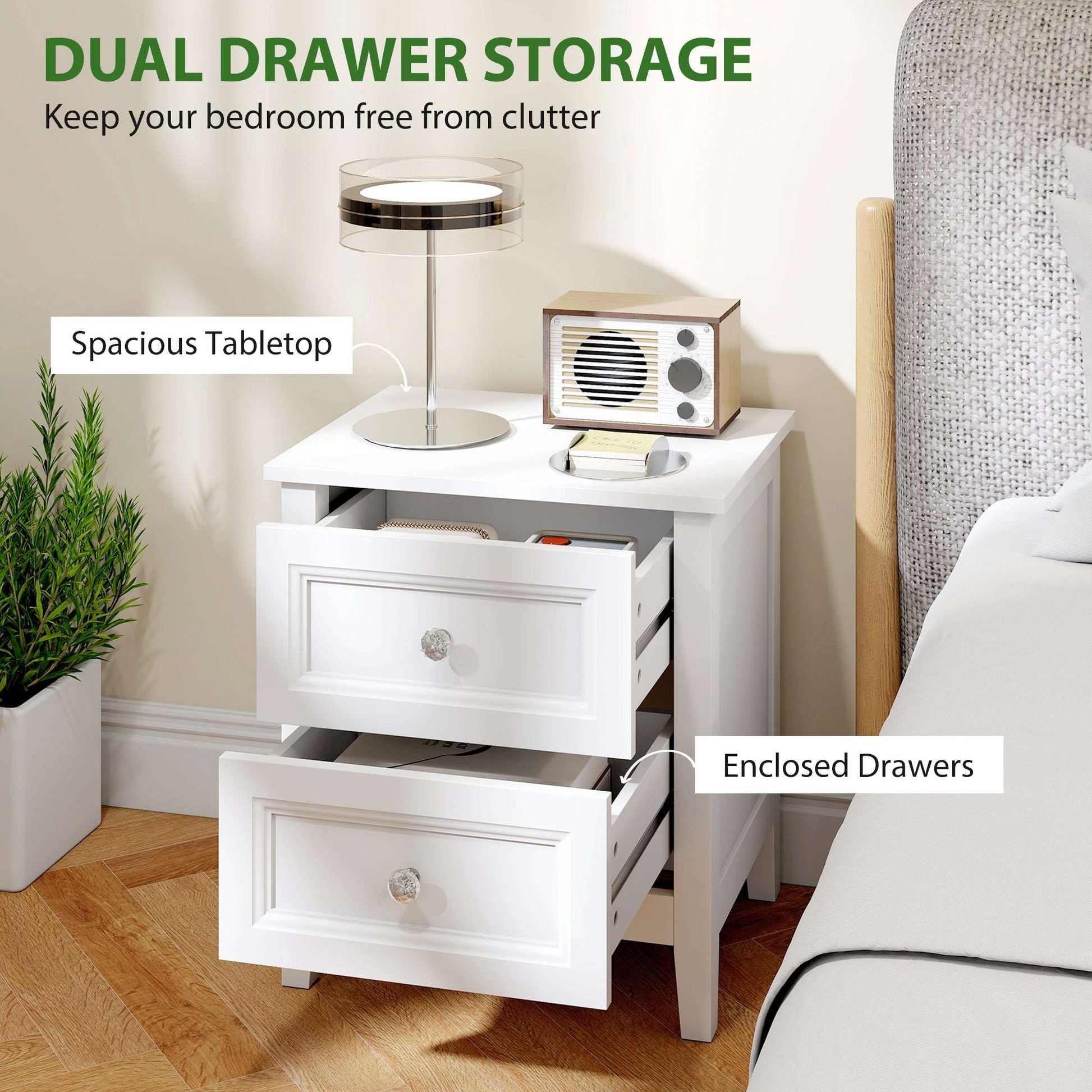 2-Drawer Bedside Table Nightstand | Crystal-Like Handles | Smooth Metal Rails | MDF | 30kg Total 10kg Top 10kg Per Drawer | 45x35x50cm | White