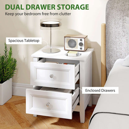2-Drawer Bedside Table Nightstand | Crystal-Like Handles | Smooth Metal Rails | MDF | 30kg Total 10kg Top 10kg Per Drawer | 45x35x50cm | White
