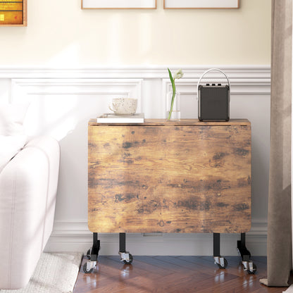 Retro Style Six-Seater Drop-Leaf Dining Table, with Wheels - Brown Wood-Effect