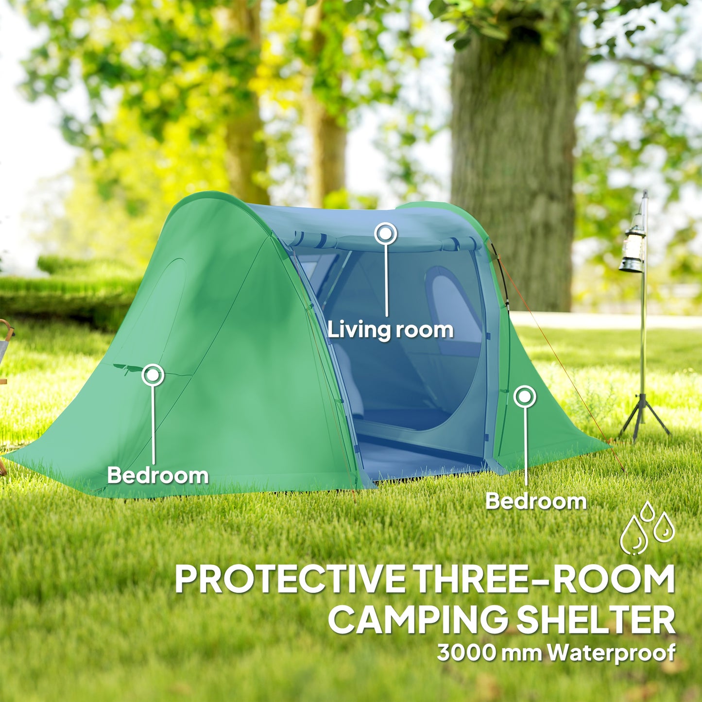 3 Man Camping Waterproof Family Tent with Living Area and 2 Bedrooms, 3000mm with Sewn-in Groundsheet, Portable with Bag for Hiking, Festival