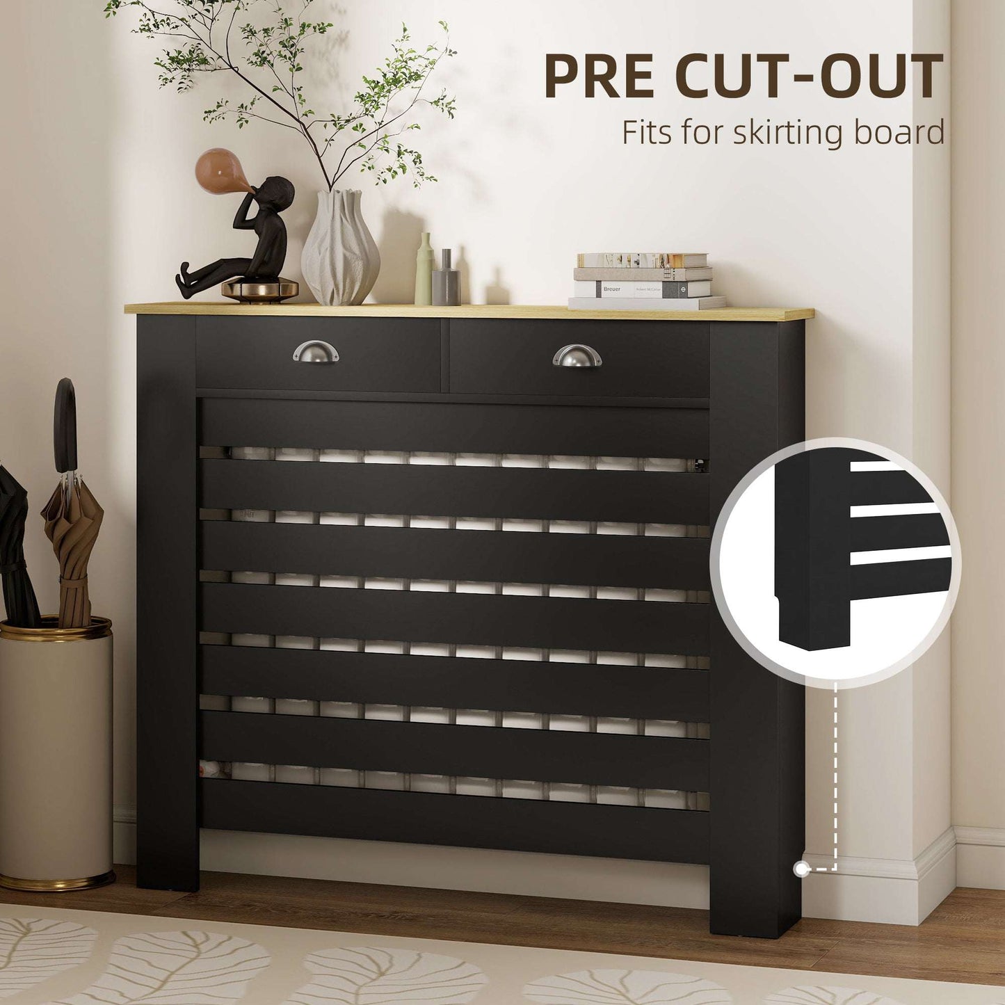 MDF & Particle Board Radiator Cover with 2 Drawers | Slatted Design | Skirting Board Cut-Outs | Easy-Fix Clips | Wood-Effect Top | 5kg Per Drawer | 111x19x95.5cm | Black