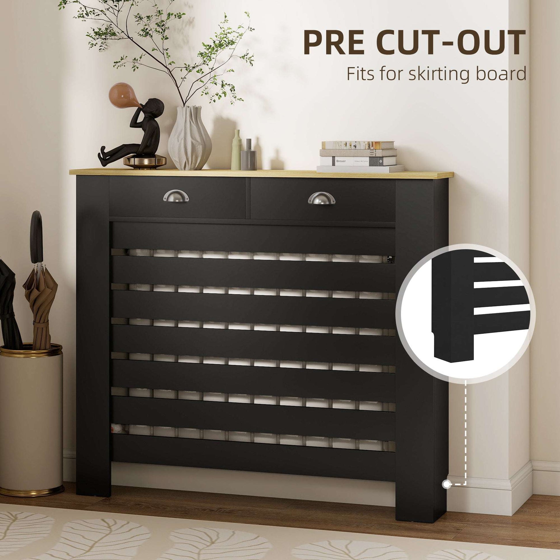 MDF & Particle Board Radiator Cover with 2 Drawers | Slatted Design | Skirting Board Cut-Outs | Easy-Fix Clips | Wood-Effect Top | 5kg Per Drawer | 111x19x95.5cm | Black