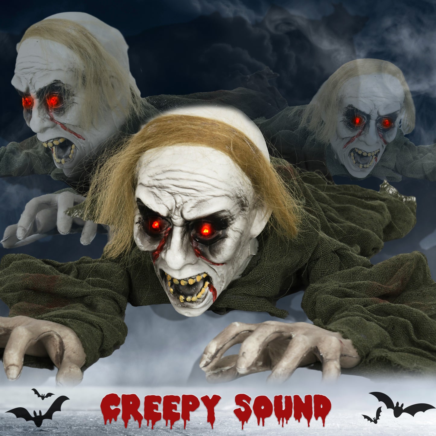 167 cm Outdoor Halloween Decoration Crawling Zombie, Animated Prop Decor with Sound Activated, Light Up Eyes