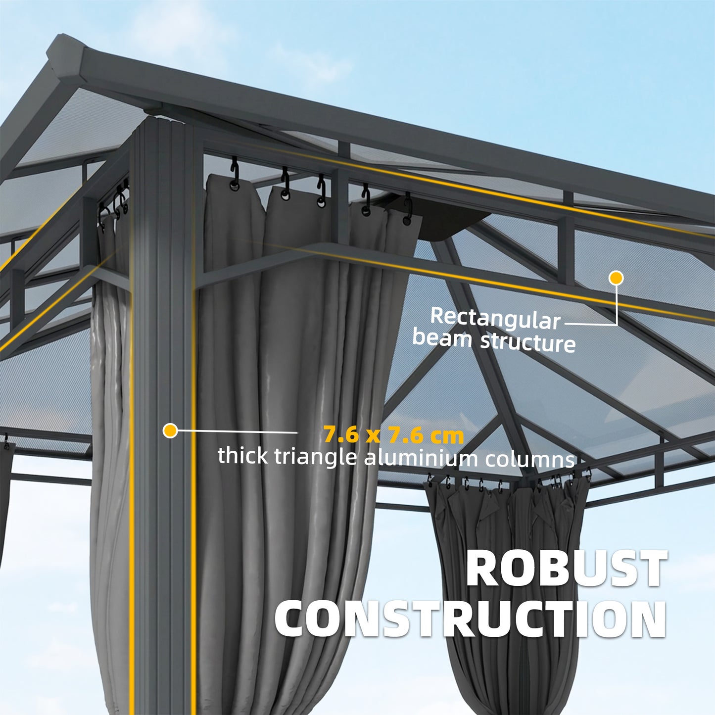 Outsunny 3 x 3 m Outdoor Hardtop Gazebo Canopy with PC Roof, Aluminium Permanent Pavilion Garden Gazebo with Curtains, Tan