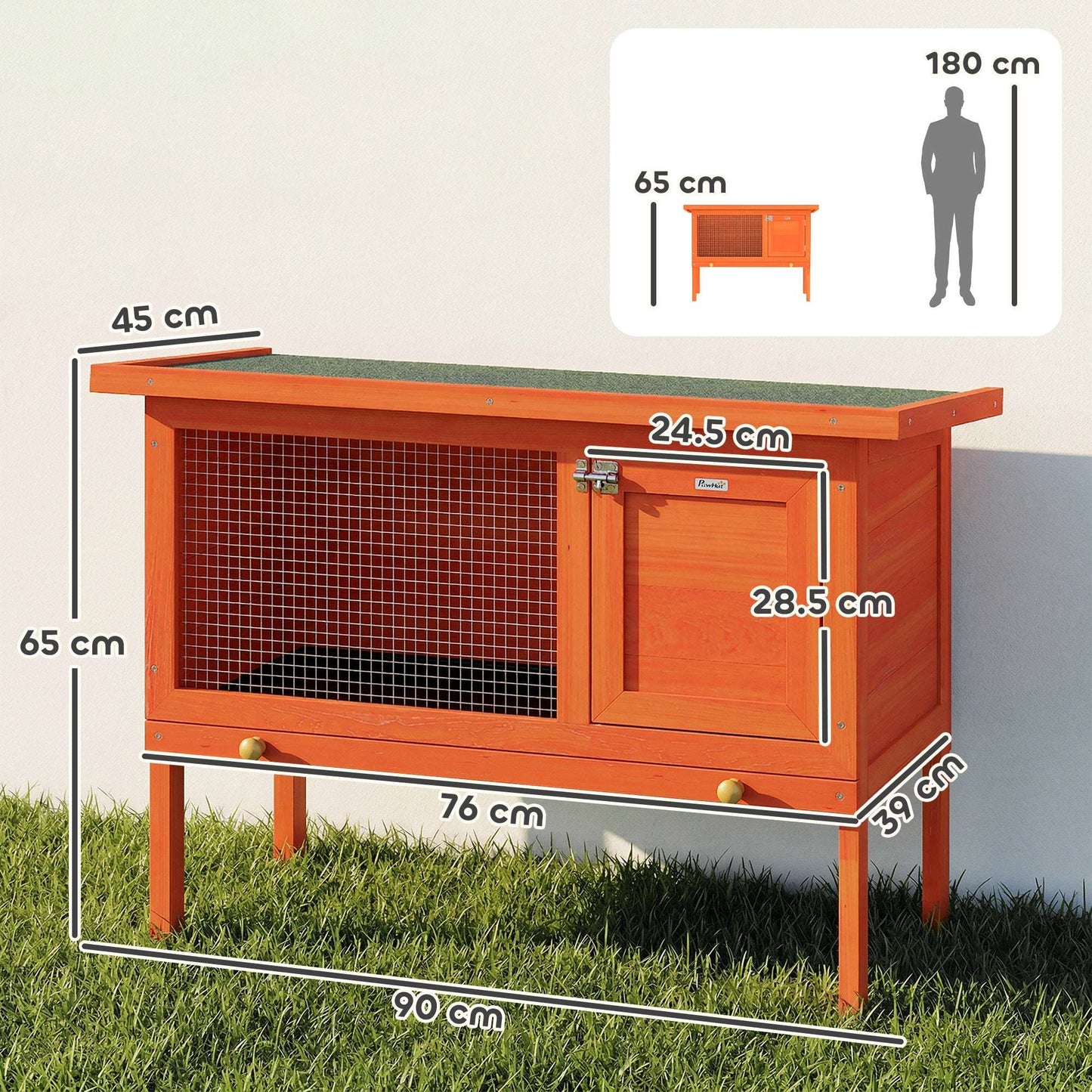 Wooden Rabbit Hutch & Guinea Pig House | Asphalt Roof | Solid Pine | Water-Resistant Paint | Galvanised Wire | Lockable Door | Removable Tray | Elevated | 90x45x65cm