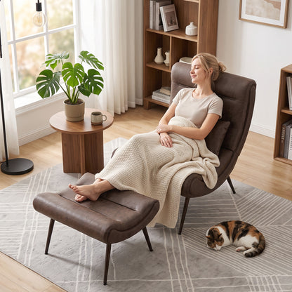 Dark Brown Accent Chair with Footstool | Upholstered Lounge Chair, Lumbar Pillow & Vintage Style | 120kg