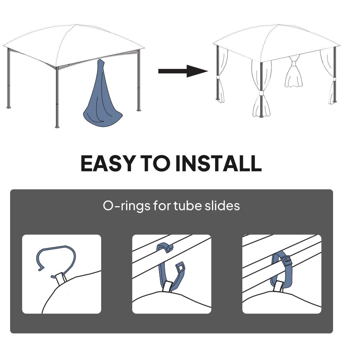 Set of 4 Replacement Gazebo Curtains Sidewalls | UPF30+ Polyester | Roll-Up Mesh Windows | Double-Sided Zip | O-Rings Included | Fits Most 3x3m Gazebos | 300x198cm | Dark Grey