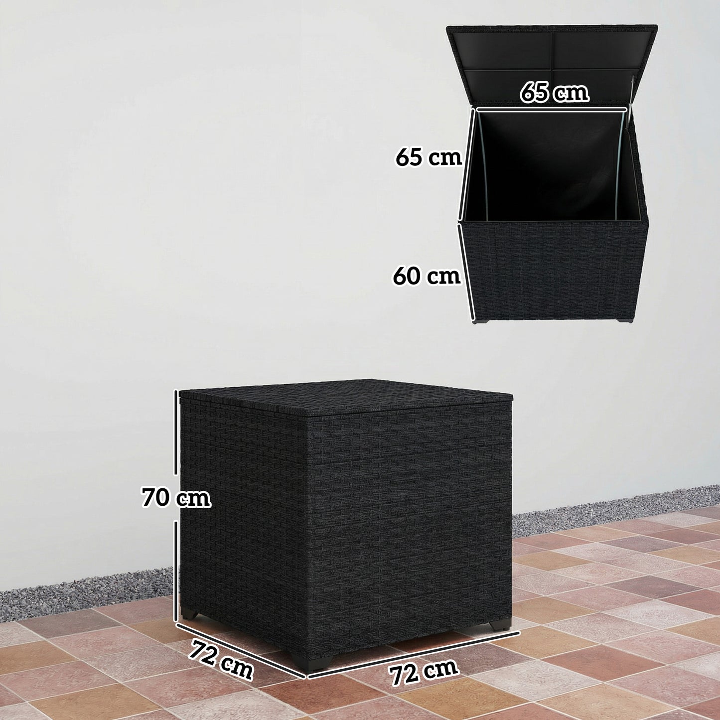 253L Rattan Garden Storage Box | Gas-Assisted Lid | Zipped Liner | Adjustable Feet | 50kg | Black