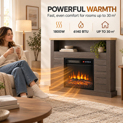 Electric Fireplace Suite | 1800W Fire & Charcoal Grey Surround | 96.5cm, Open Shelf & Wood-Effect Top | LED Flames, Remote & Timer